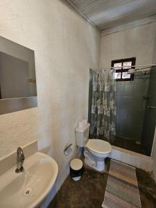 La salle de bains est pourvue d'un lavabo, de toilettes et d'une douche. dans l'établissement Sítio Mata Virgem, à Carrancas