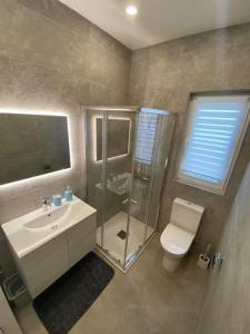 e bagno con doccia, servizi igienici e lavandino. di Yellow Hill Penthouse a Żebbuġ