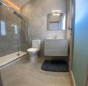e bagno con servizi igienici, doccia e lavandino. di Yellow Hill Penthouse a Żebbuġ