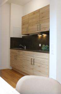 a kitchen with wooden cabinets and a sink at Hotel am Wittelsbacher Markt by greenpartment in Langquaid
