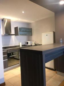 a kitchen with a counter top and a refrigerator at Polo Sur Apartamentos in Ushuaia