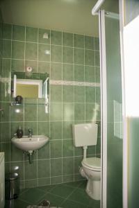 Baño de azulejos verdes con aseo y lavamanos en ROOMS free - Zagorje, en Bedekovčina