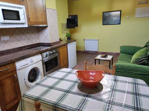 a kitchen with a washing machine and a living room at Apartamento Rural in Cangas de Onís