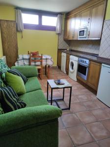 ein Wohnzimmer mit einer grünen Couch und einer Küche in der Unterkunft Apartamento Rural in Cangas de Onís