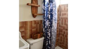 a bathroom with a blue shower curtain and a toilet at Casa Coco Hostel in Santa Ana