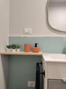 ein Badezimmer mit einem Waschbecken und einem Regal mit Pflanzen in der Unterkunft Appartamento - Centro Storico in Savigliano