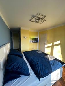 una camera da letto con un grande letto con cuscini blu di Luxuriöses Ferienhaus nähe Kattowitz a Bytom
