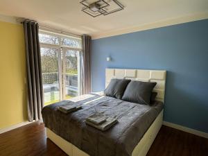 una camera da letto con un letto con pareti blu e una finestra di Luxuriöses Ferienhaus nähe Kattowitz a Bytom