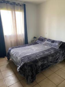 Un dormitorio con una cama con una manta. en Villa calme avec piscine, en Lavelanet