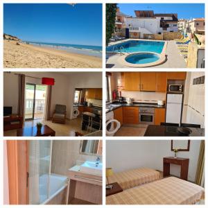 a collage of pictures of a kitchen and a beach at APARTAMENTOS CABRITA in Olhos de Água