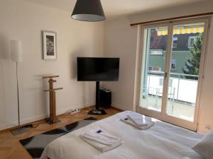 a bedroom with a bed and a tv and a window at Sunny studio in the city center (Oken1) in Zürich