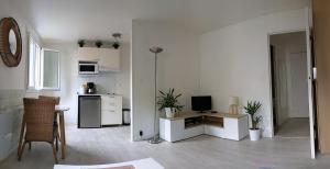 Joli studio lumineux avec parking, proche gare في شيل: غرفة معيشة بيضاء مع تلفزيون ومطبخ