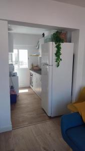Il comprend une cuisine équipée d'un réfrigérateur blanc et d'une plante. dans l'établissement La Reina II R&R, à Almería