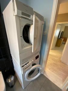 a washer and dryer in a bathroom with a toilet at Fancy 1 bedroom flat in the city center (SF19) in Zurich
