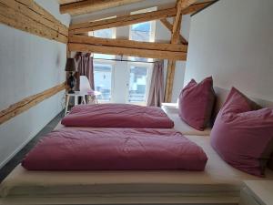 2 Betten mit roten Kissen im Schlafzimmer in der Unterkunft Neu! Ferienwohnungen im Lüftlmalereck, Hennalahaus in Oberammergau