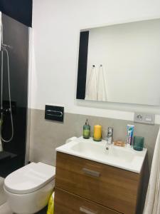 a bathroom with a sink and a toilet and a mirror at Apartamento vistas al océano in Tabaiba