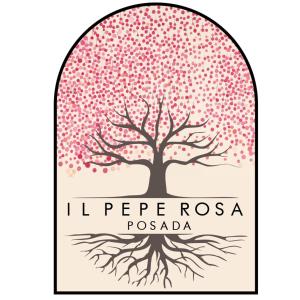 a tree with pink flowers and the words i peresia psago at Il Pepe Rosa in Posada