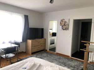 Dormitorio con cama, escritorio y TV en Bright and quiet studio in the city center (Sky1) en Zúrich