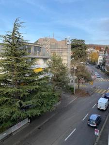 vistas a una calle con un árbol y coches en Bright and quiet studio in the city center (Sky1) en Zúrich