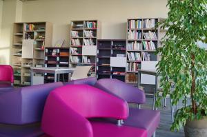 a living room with a purple couch and bookshelves at Auberge La Digue in Calais