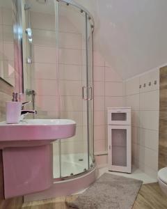 różowa łazienka z umywalką i prysznicem w obiekcie Dom Pod Różami Agroturystyka w Srebrnej Górze