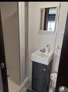 a white bathroom with a sink and a shower at Estudio Central in Estepona