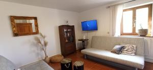 ein Wohnzimmer mit einem Sofa und einem TV in der Unterkunft BR-Ferienwohnung Brombachtal in Langen-Brombach