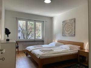 - une chambre avec un grand lit et une fenêtre dans l'établissement Beautiful, quite and very central 2 bedroom flat (Sky6), à Zurich