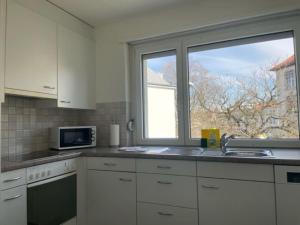 kuchnia ze zlewem i kuchenką mikrofalową oraz okno w obiekcie Beautiful, quite and very central 2 bedroom flat (Sky6) w Zurychu