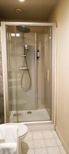 een glazen douche in een badkamer met een toilet bij Hotel du Saumon, Verneuil sur Avre in Verneuil d’Avre et d’Iton