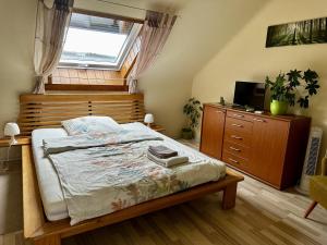 a bedroom with a bed and a dresser and a television at Haus Alt - Ferienwohnung in Illingen