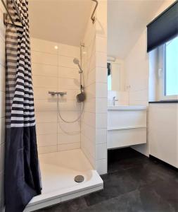 y baño con ducha y lavamanos. en BADEBUDE 3 Ferienhaus im Hampton Style, en Oldenburg in Holstein