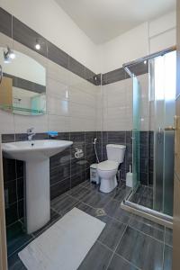 a bathroom with a sink and a toilet and a shower at Valentina Apartment 1 in Sarandë