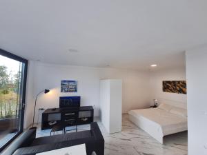 ein Schlafzimmer mit einem Bett und einem Schreibtisch in einem Zimmer in der Unterkunft Apartment Solis in Portorož