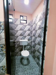 a bathroom with a toilet and a tiled wall at Westminster Holiday home in Merces