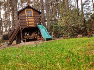 ein kleines Spielhaus mit einer grünen Rutsche in der Unterkunft Domek pod sosnami in Grodziczno