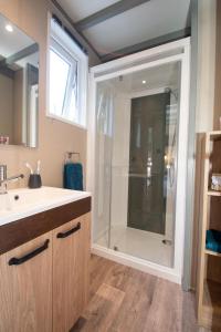 a bathroom with a shower with a sink and a mirror at Camping les Restanques in Bauduen