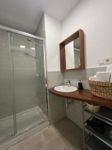 ein Bad mit einer Dusche, einem Waschbecken und einem Spiegel in der Unterkunft Balcones de Jauregui Premium Apartment in Sevilla
