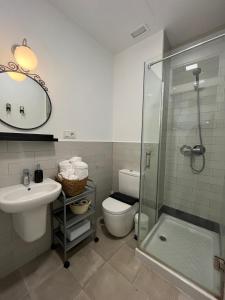 ein Bad mit einem WC, einem Waschbecken und einer Dusche in der Unterkunft Balcones de Jauregui Premium Apartment in Sevilla