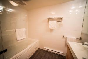 a bathroom with a shower and a tub and a sink at Hotel de l'Horizon in Sutton +26 photos
