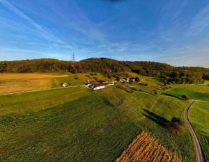 eine Luftansicht eines Feldes mit einem Haus und einer Straße in der Unterkunft Staufenhof - b48543 in Maisprach