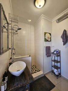 a bathroom with a bowl sink and a shower at Jasmine Guest Cottage in Benoni
