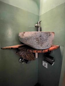 a bathroom with a stone sink on a shelf at Slapen aan de Sluis in Utrecht