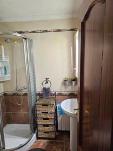uma casa de banho com um chuveiro e um lavatório. em Apto-en el Bajo de la casa-estilo rústico en Dílar em Dílar