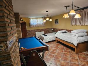 a room with a pool table and two beds at Apto-en el Bajo de la casa-estilo rústico en Dílar in Dílar