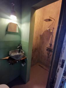 een badkamer met een wastafel en een douche bij Slapen aan de Sluis in Utrecht