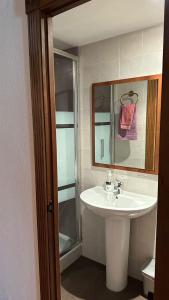 uma casa de banho com um lavatório, um chuveiro e um espelho. em Alojamiento Turístico la Moneda de Huecar em Cuenca