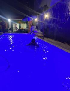 セーハにあるvovo caixaの夜間の青いプールでの水泳