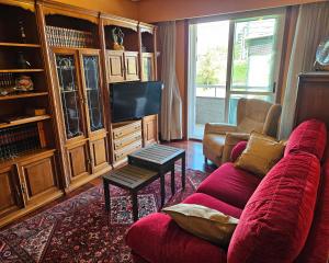 uma sala de estar com um sofá vermelho e uma televisão em Pirámides Ourense em Ourense