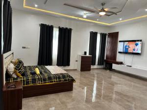 a living room with a bed and a flat screen tv at Nanani Villa - Harmonious Paradise in Kumasi